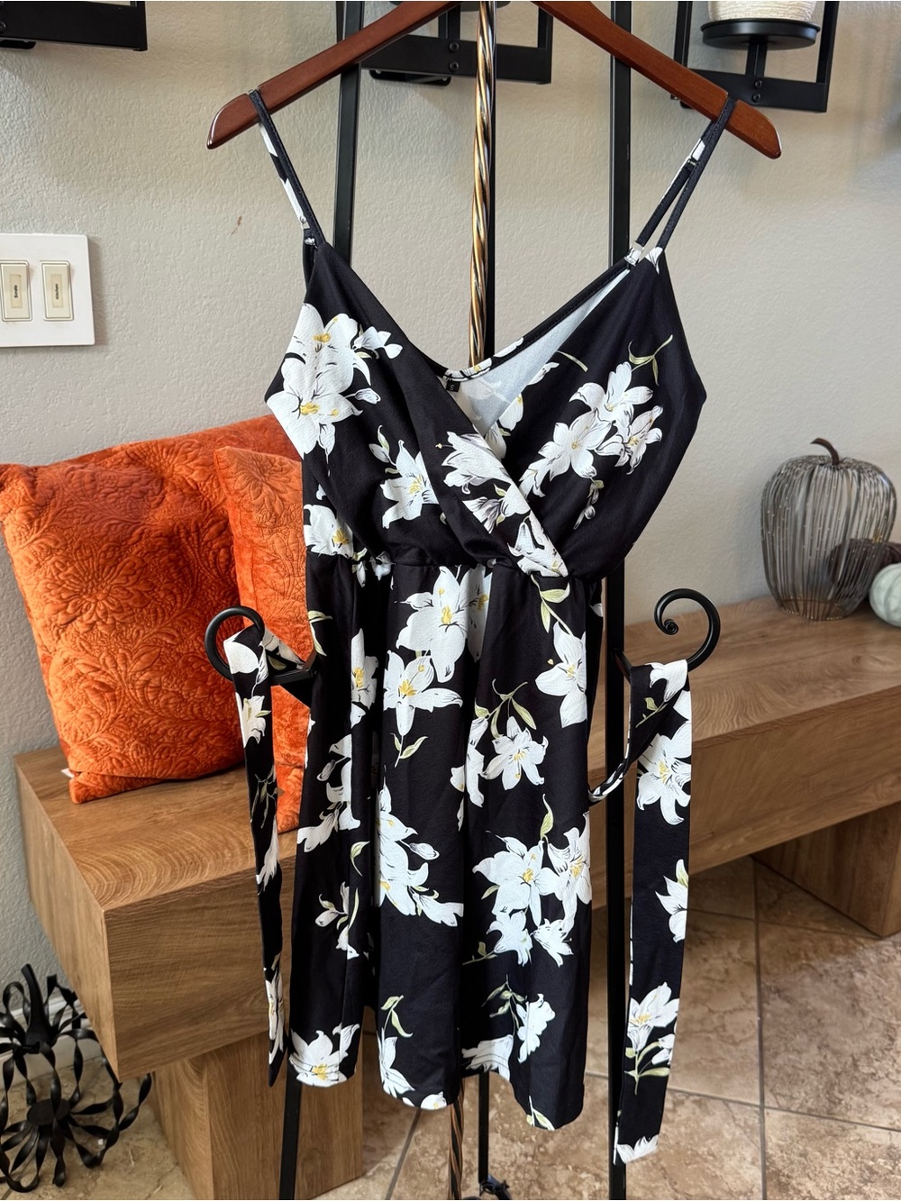 Black Floral Mini Dress with White Lily Print